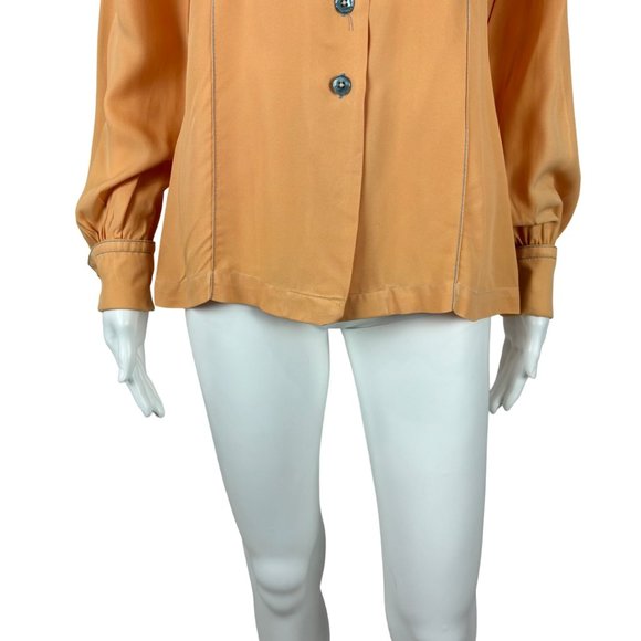 Vintage 60s Peach Blouse Women's Medium Gray Dagger Collar Long Sleeve Button Do - Picture 2 of 12